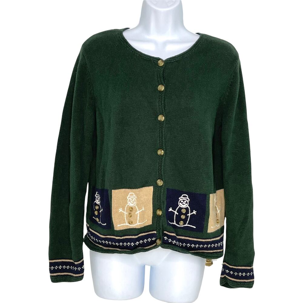 Christopher & Banks Snowman Cardigan Sweater Button Down Medium Green